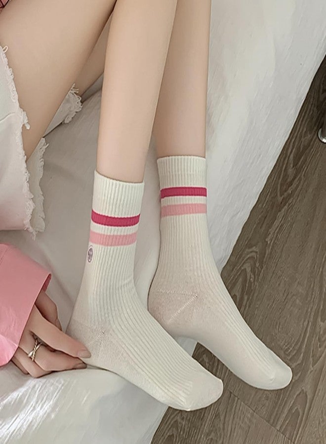 PLZSITDOWN Womens Solid Color Two Stripe Crew Socks Casual Athletic Smiling Face Ankle Socks for women Girls Pink - Image 4